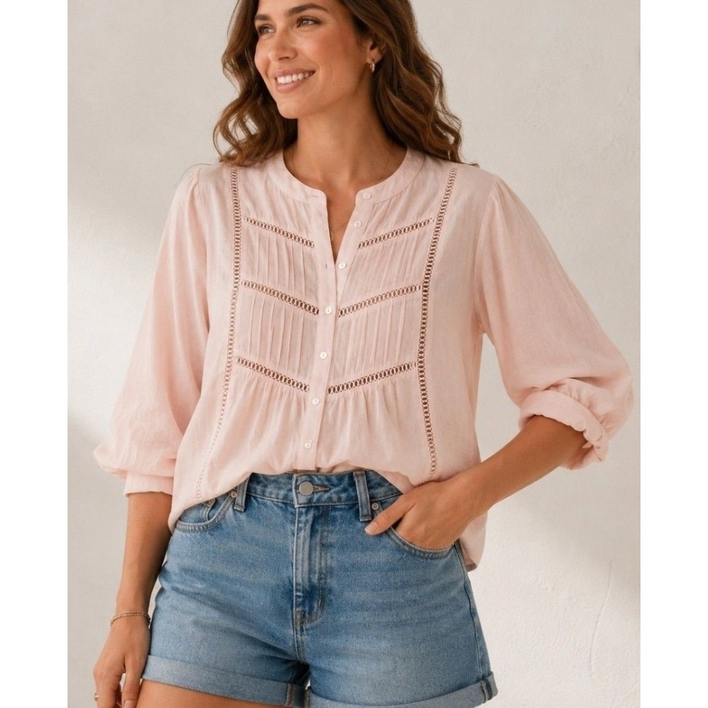 MAYE Paloma Pink Striped Cotton Blouse S Boho Chic Coastal Ladder Lace Top